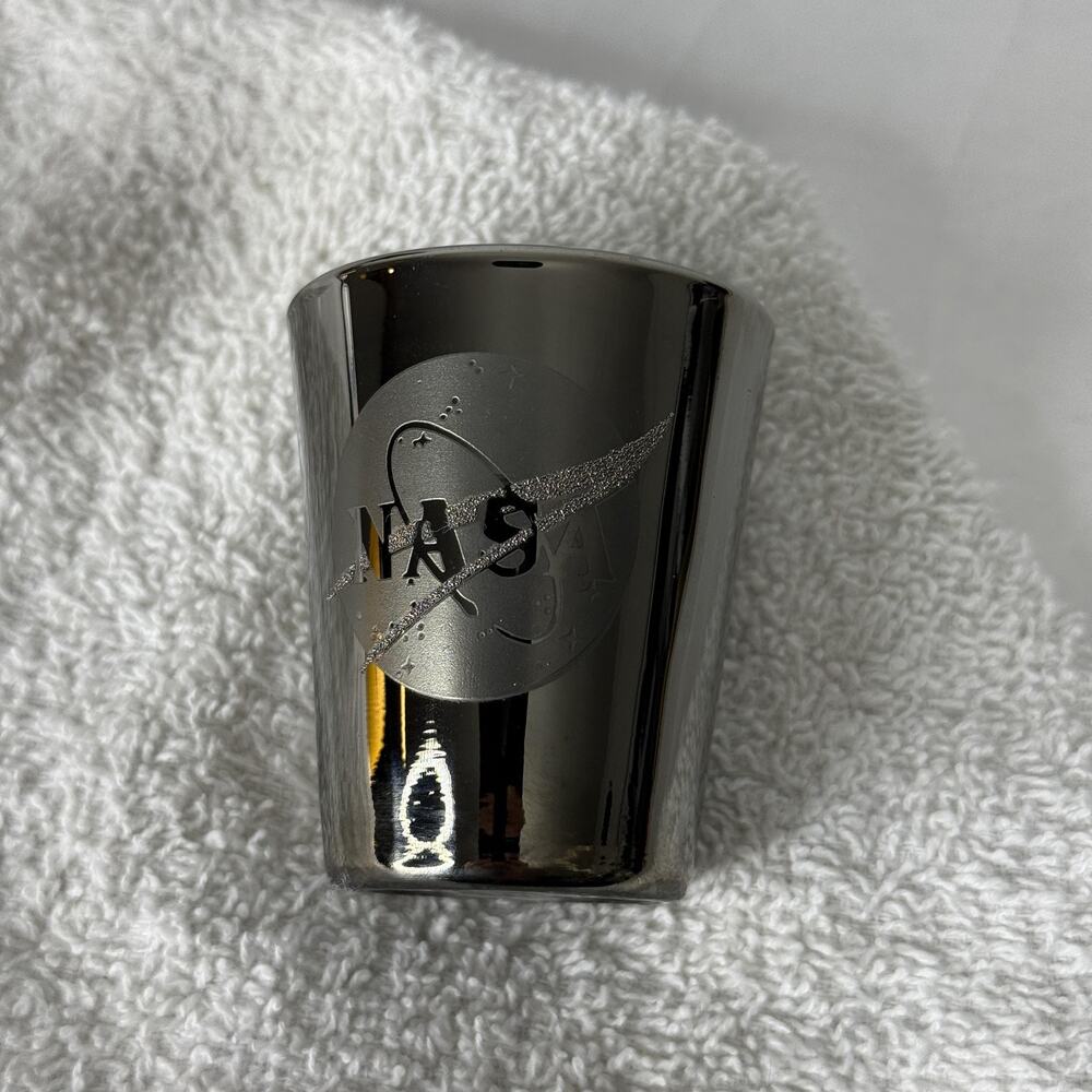 Kennedy Space Center NASA Shot Glass Silver Chrome Etched Logo Souvenir Bar